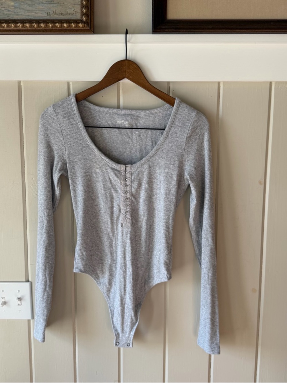aerie Heather Gray Long Sleeve Scoop Neck Bodysuit, Size Medium